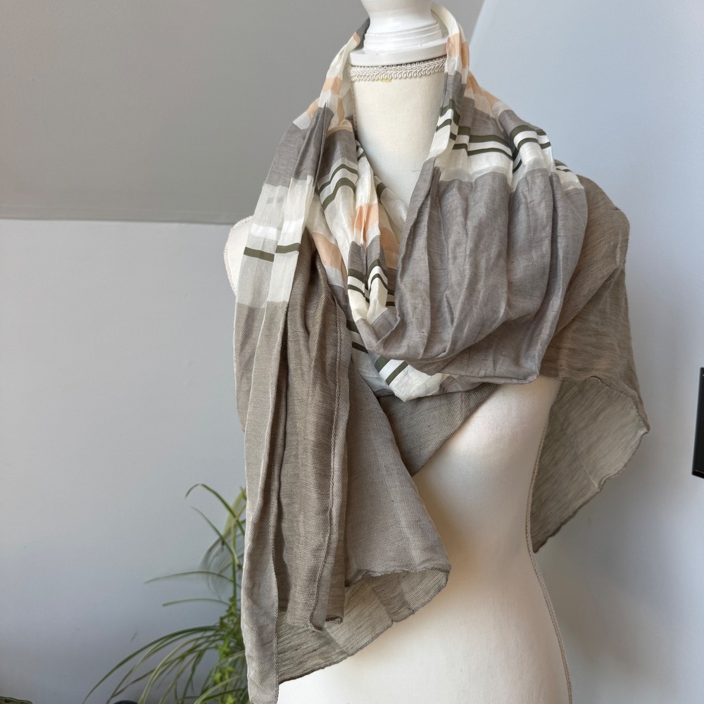 Giorgio Armani Linen Silk Striped Scarf Made in Italy Taupe Peach Cream Wrap